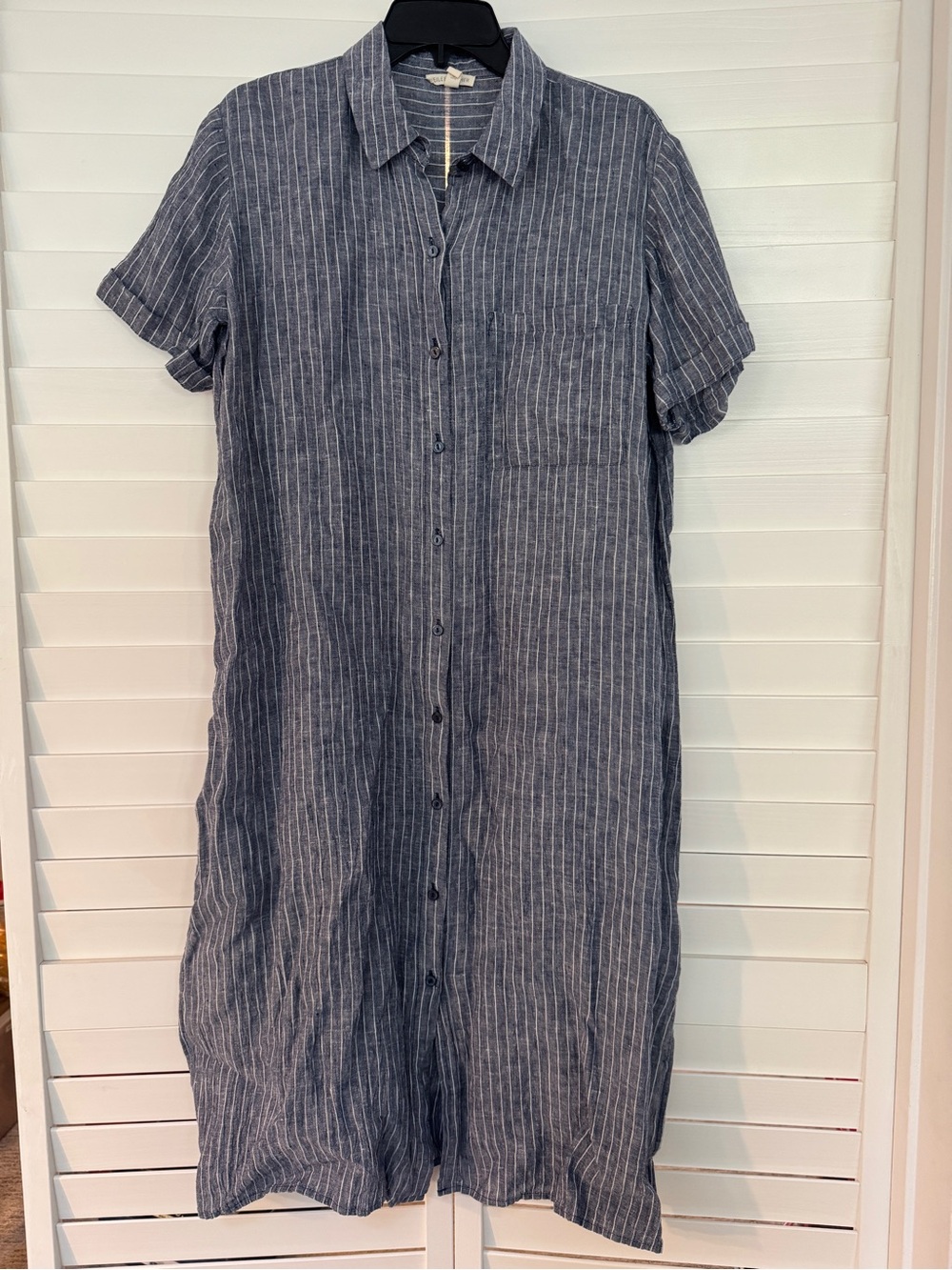 Eileen Fisher Blue Stripe Linen Midi Button-Front Dress Small/ Med - Picture 2 of 9